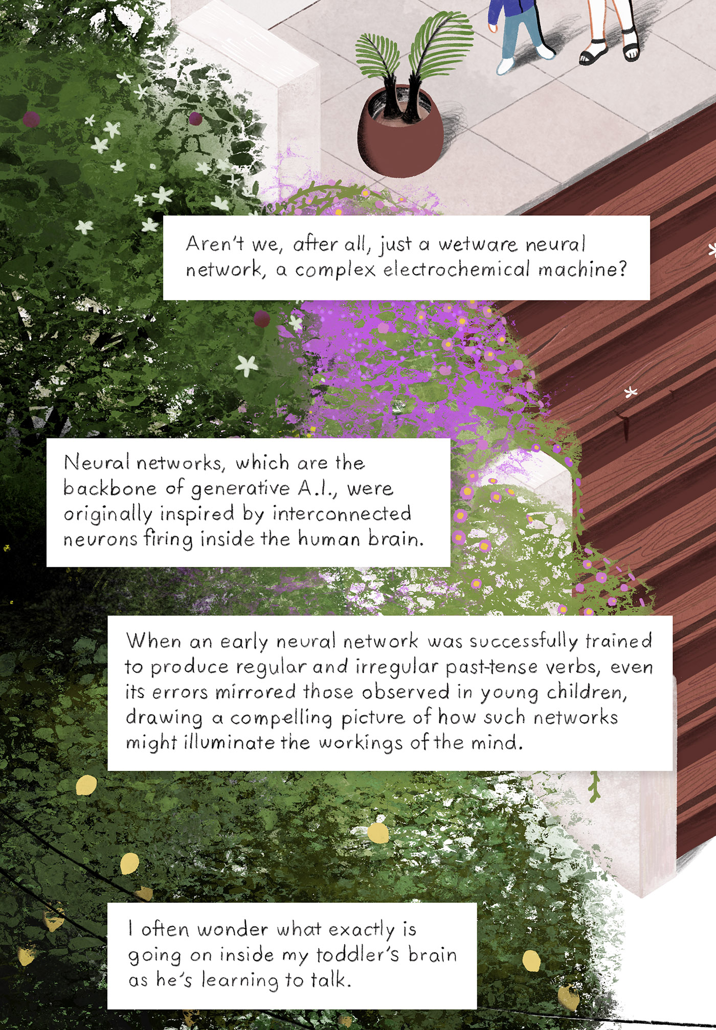 Lush plants and greenery by stairs leading out of a home.